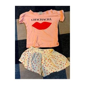 Bobo Choses Pink Top with Red Lips and polka dots short size 8-9 years